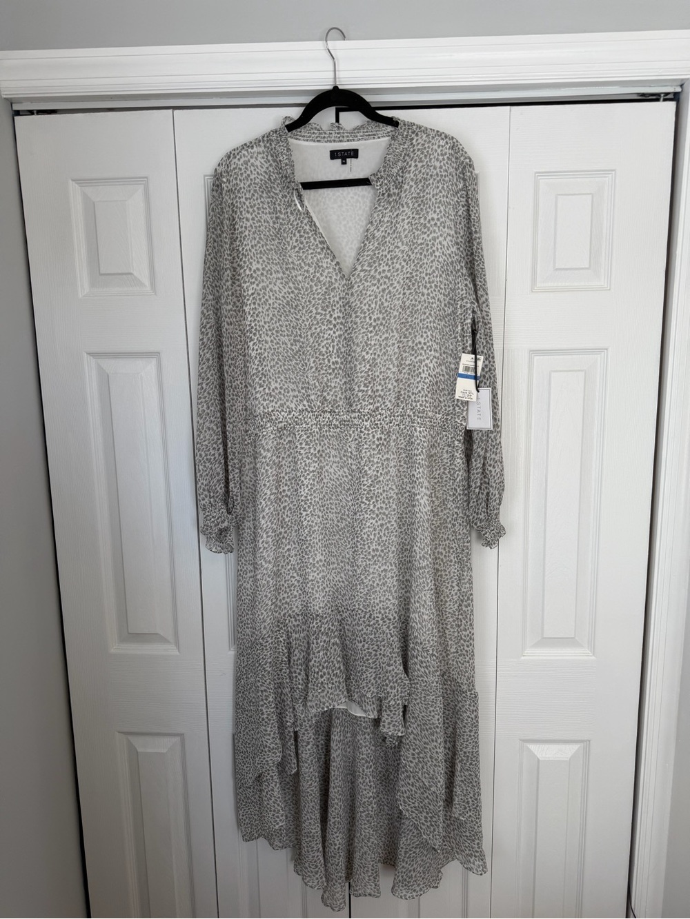 STATE Light Gray High-Low Leopard Print Midi Dress